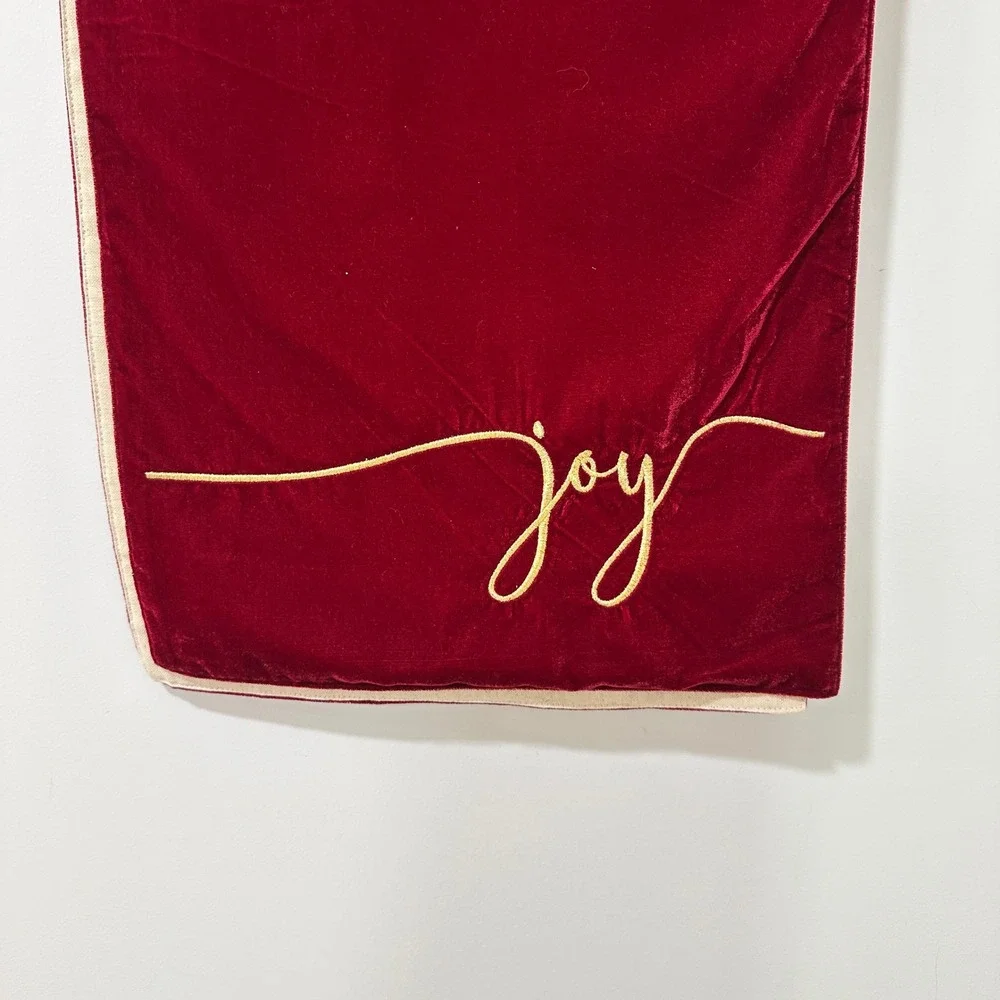 Red Velvet Christmas Table Runner Gold Joy Embroidered Reversible 72x14 Holiday